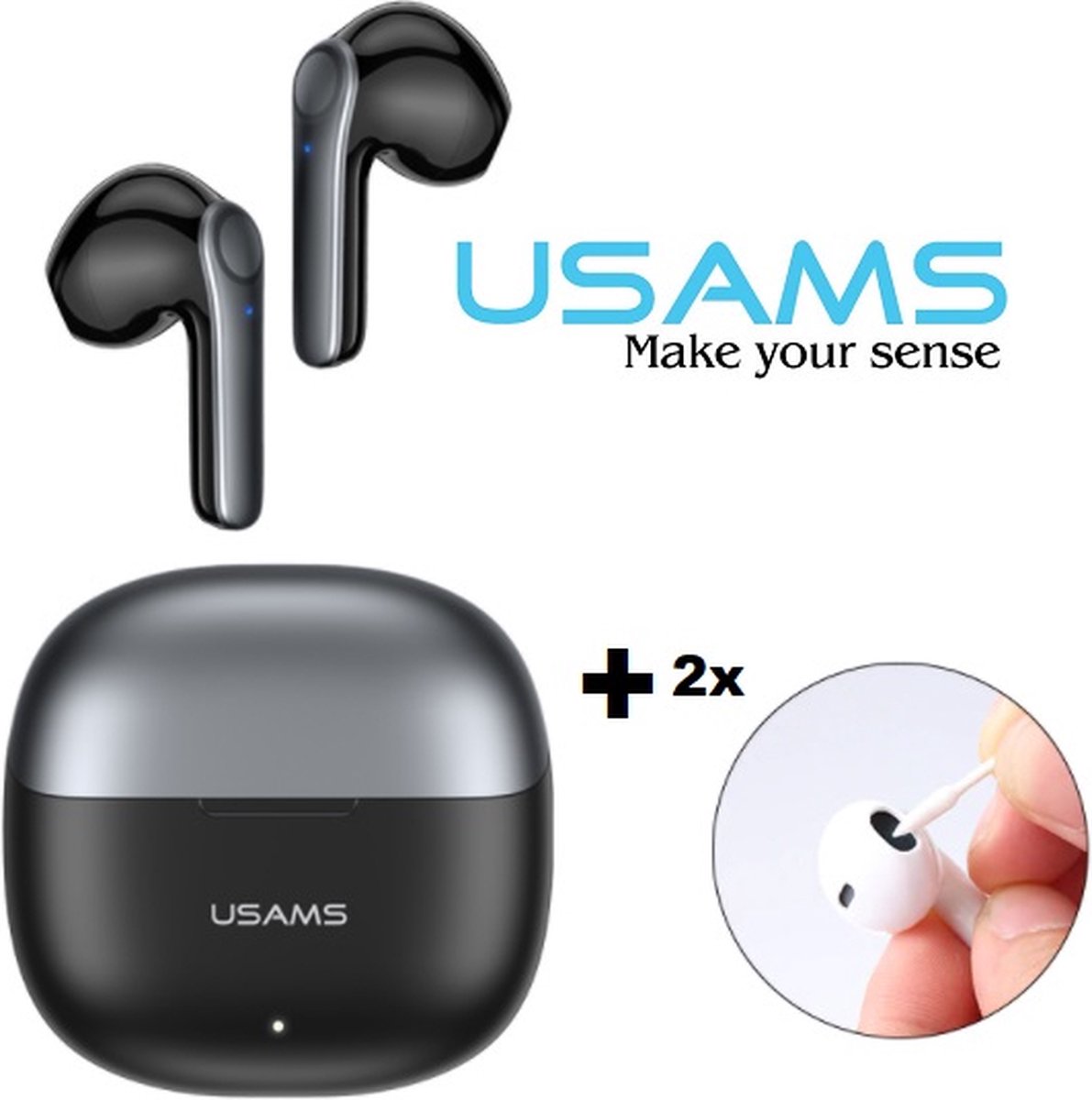 Usams Xh09 PRO + 2x wattenstaaf - 5.1 Bluetooth - NOISE CANCELLING - Earpods - draadloze oordopjes - Airbuds - Geschikt voor Apple en Android - Zwart