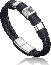 Armband Heren - Zwart Leer met Stalen Accenten - Armbanden - Cadeau voor Man - Mannen Cadeautjes
