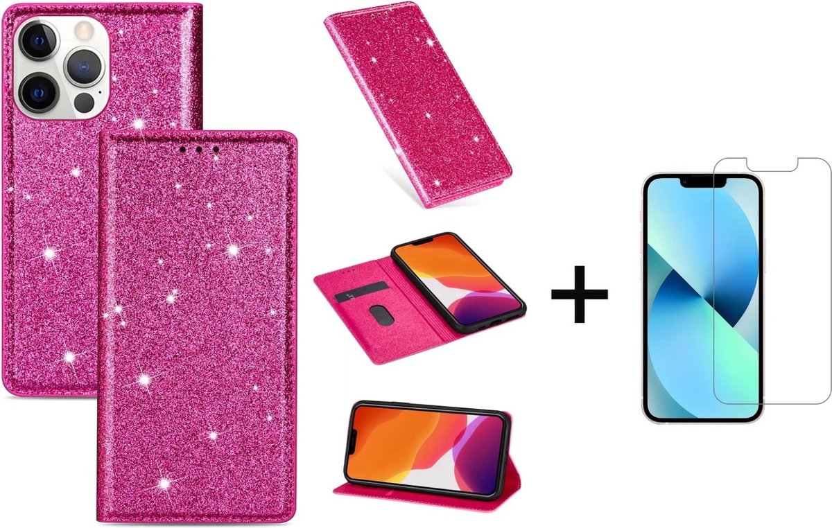 Glitter Bookcase geschikt voor Apple iPhone 13 Pro Max | Hoogwaardig PU Leren Telefoonhoesje | Pasjeshouder | Roze + 1x Screenprotector