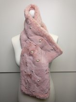 Korte bont sjaal Marjolein met witte parels roze
