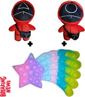 Fidget toys & Squid Game Knuffels Pakket | 3 stuks | Regenboog Multi Color Vallende Ster + 2 Knuffels van 23 CM | Anti stress 2021 | Van Tik Tok | Meisjes jongens volwassenen | Ver