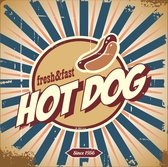 Dibond - Retro - Hot Dog in beige / bruin / wit / blauw - 50 x 50 cm.