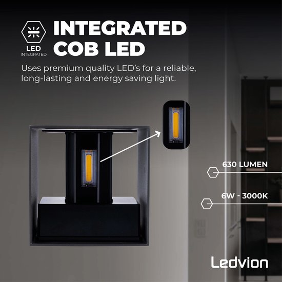 Ledvion LED Wandlamp, Zwart, Vierkant, Dubbelzijdig, Binnen/Buiten, Regelbare Stralingshoek, 3000K Warm Wit, 6W, IP54 - LEDVION