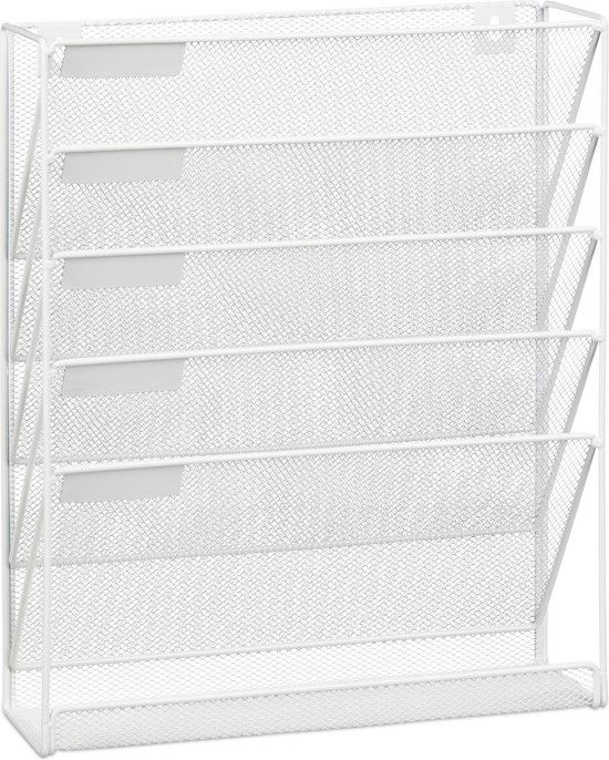 Wit metalen gaas tijdschriftenrek met 5 vakken, voor aan de muur.