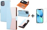 Apple iPhone 13 Mini Book Case | Pu Lederen Telefoonhoesje | Blauw & Wit & Roze + 1x Screenprotector