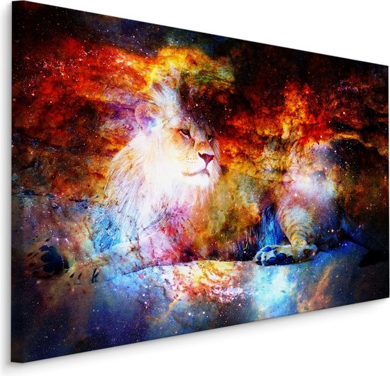 Schilderij - Leeuw in explosie van Kleuren, Premium Print op Canvas