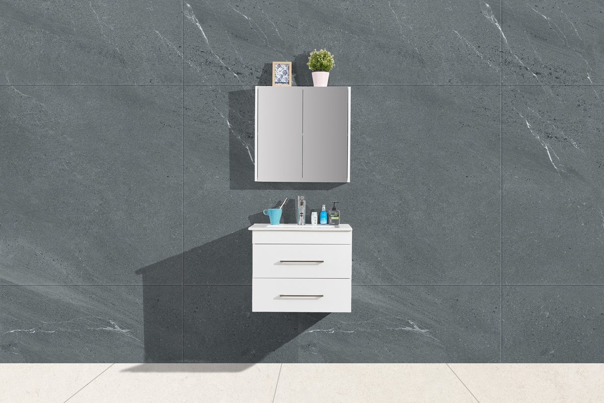 Badkamer meubel - 58,5x48x44cm - Wit - Spiegel kast - Wastafel keramiek - Hangend