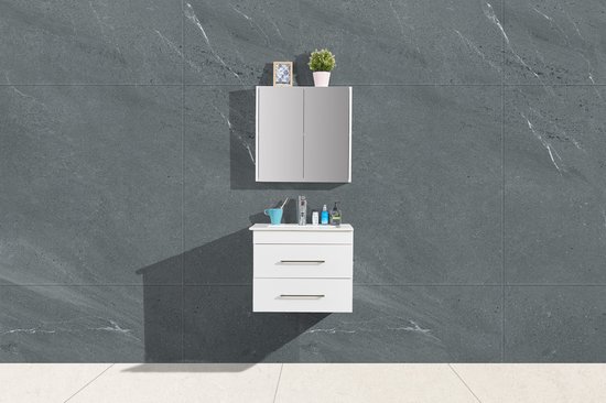 Badkamer meubel - 58,5x48x44cm - Wit - Spiegel kast - Wastafel keramiek - Hangend