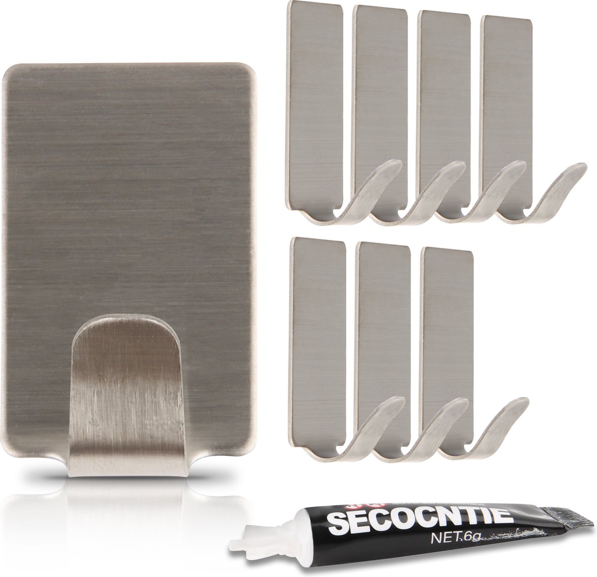 Qualux® Handdoekhaakjes - 8 Stuks - Inclusief Lijm - Badjas Haakjes - Theedoek Haakjes - Kapstok Haakjes - Keuken Haakjes - Badkamer Haakjes - RVS