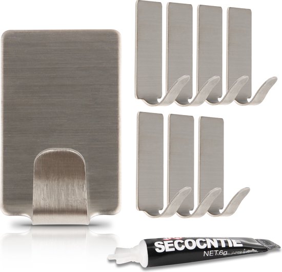 Qualux® Handdoekhaakjes - 8 Stuks - Inclusief Lijm - Badjas Haakjes - Theedoek Haakjes - Kapstok Haakjes - Keuken Haakjes - Badkamer Haakjes - RVS