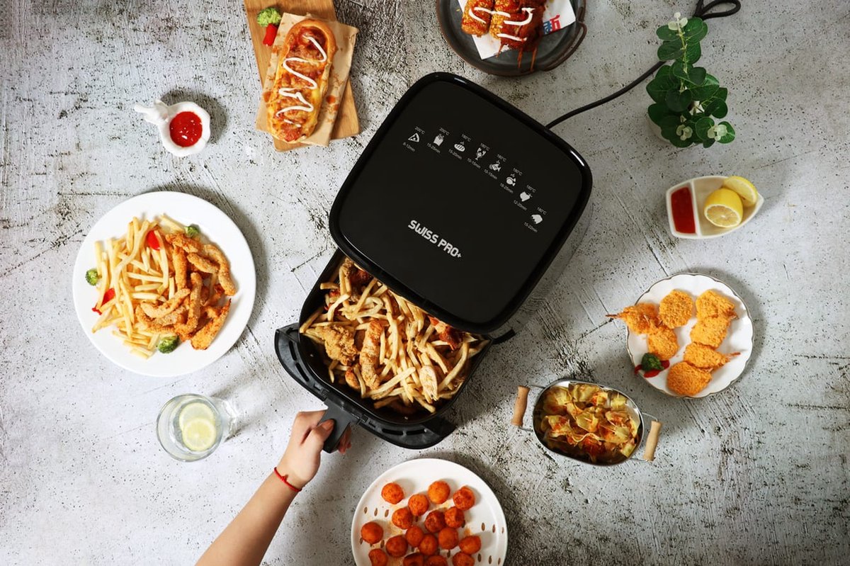Swiss Pro+ - SP-AF1450 - airfryer XXXL - Intelligente Heteluchtfriteuse Digitaal- 5 L - XXXL - New Model 2022 - Touchscreen - TURBO Opwarmen - Piano Black - zwart - 5 liter