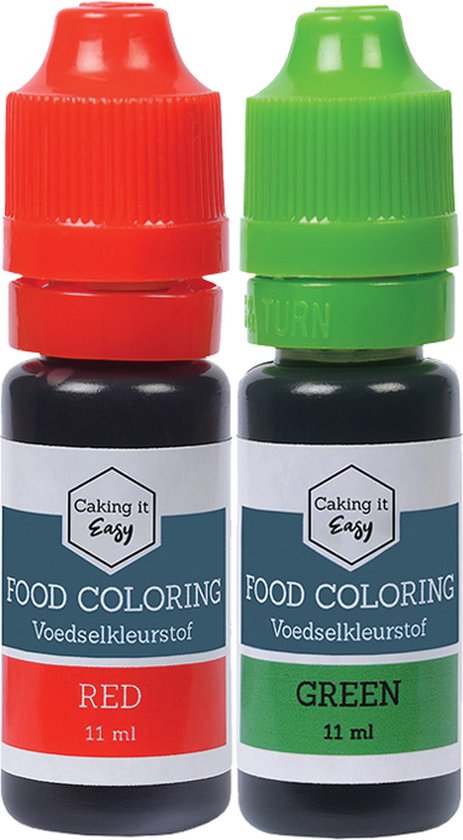 Caking it Easy ® - Eetbare Kleurstof Kerst kleurstoffen | 2 stuks waterbasis kleurstof Groen en Rood | Topkwaliteit Voedingskleurstof (sterk geconcentreerd) 2 x 11 ml