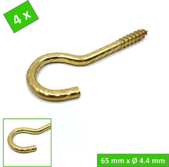 Messing schroefhaak met decoratieve lijnen, 65 mm x 4,4 mm. 4 stuks.