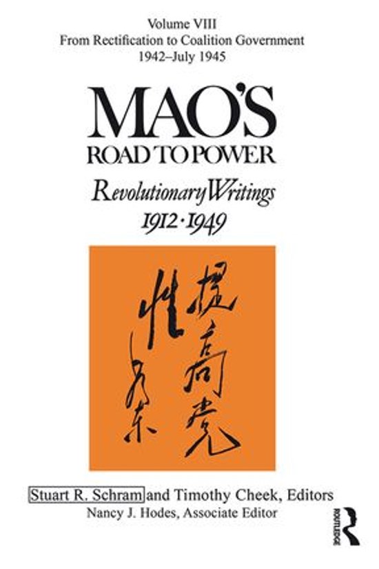 Boek "Mao's Road to Power", Deel VIII. Met Chinese kalligrafie op een oranje achtergrond.