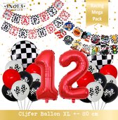 Cijfer Ballon 12 Jaar * Hoera 12 Jaar Snoes *Mega Pack Red Racing Formule 1 Verjaardag Set van 21 Ballonnen 19 x en 2 x DIY Slinger Happy Birthday & Race items * 80 cm Verjaardag N