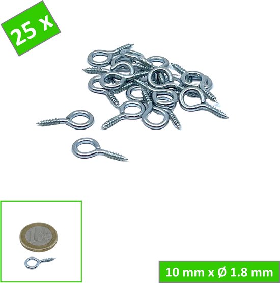 25 stuks verzinkte schroefogen van 10 mm met een diameter van 1.8 mm. Naast de schroefogen ligt een euro munt met een schroefoog.