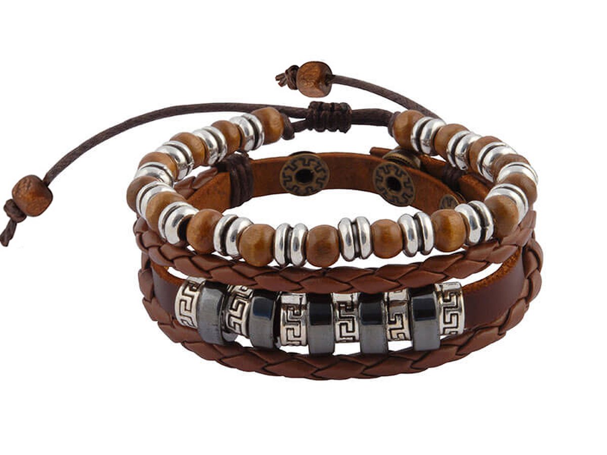 Bruin gevlochten leren armband met houten kralen uit Tibet - Wereldse Juwelen
