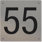 Huisnummerbord - huisnummer 55 - voordeur - 12 x 12 cm - rvs look - schroeven - naambordje nummerbord
