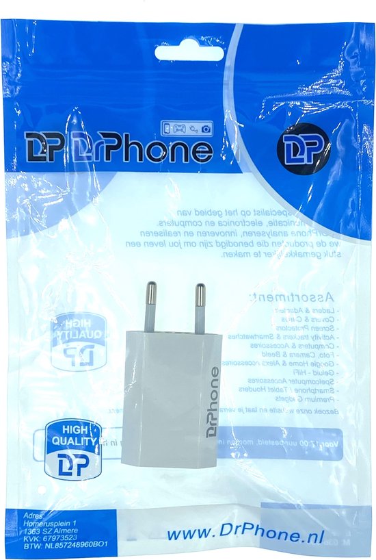 DrPhone 5W Gecertificeerde USB Thuislader - Stekker - Geschikt Voor iOS /Android Smartphones - Reislader - Universeel 5V 1A - Wit - DrPhone