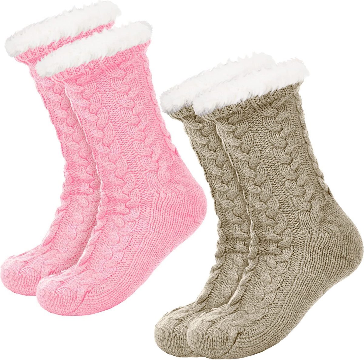 JAXY Huissokken - Huissokken Dames en Heren - Verwarmde sokken - Anti Slip Sokken - Fleece Sokken - Dikke Sokken - Fluffy Sokken - Slofsokken - Warme Sokken - Bedsokken - Gevoerde Sokken - Winter Sokken - 2 Paar - Roze + Beige