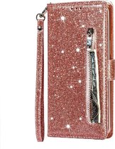 LuxeBass Boekhoesje geschikt voor iPhone SE 2020 / 7 / 8 Glitter Bookcase met rits - hoesje - portemonneehoesje - Rosé Goud - telefoonhoes - gsm hoes - telefoonhoesjes