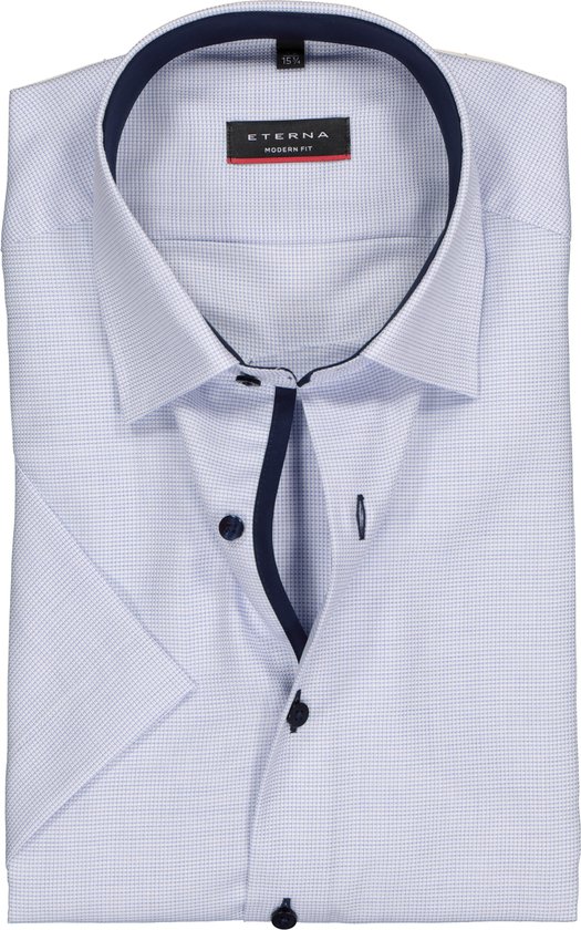 ETERNA modern fit overhemd - korte mouw - structuur heren overhemd - lichtblauw met wit (donkerblauw contrast) - Strijkvrij - Boordmaat: 45