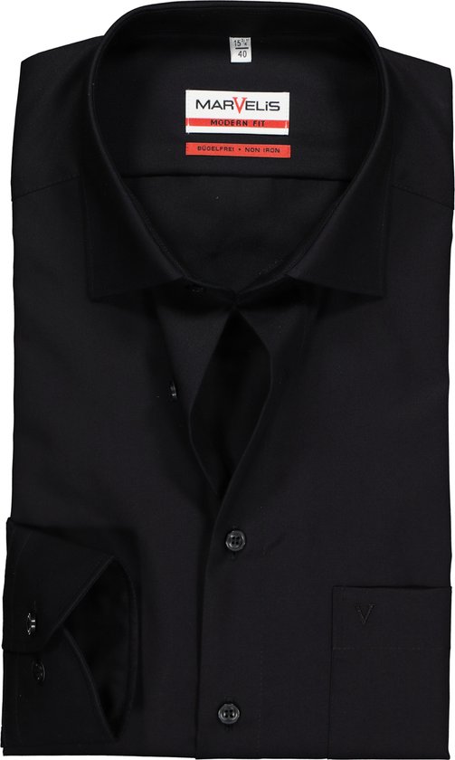 MARVELIS modern fit overhemd - zwart - Strijkvrij - Boordmaat: