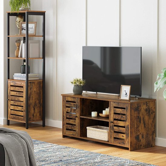 c90 - TV-meubel, TV-plank, TV-tafel, TV-tafel, met lattenbodemdeuren, open vakken, 2 gaten voor kabels, verstelbare planken, voor TV's tot 43 inch, vintage bruin LTV102X01