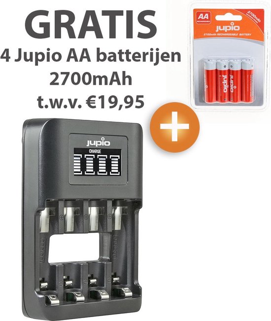 Chargeur de piles Jupio USB UltraFast AA/AAA à 4 emplacements + pack de 4 piles Jupio 2700mAh AA gratuites