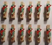 Wasknijpers voor Poppenkleertjes - Hout - Set 12 stuks - Gedecoreerd met Papegaai - 4.5 x 1 x 0.7 cm