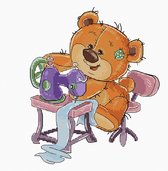 borduurpakket teddy beer achter de naaimachine