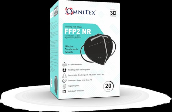 Omnitex FFP2 Zwart - gezichtsmasker - 20 stuks, individueel verpakt | Hoge filtratie - 5 lagen | EN149 CE-gecertificeerd | Hypoallergeen | Vloeistofbestendig | Oorlussen en aanpasbare neusbrug | + 5-maskerverlengers - Omnitex