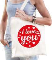 I love you / Ik hou van jou hartjes wit naturel/ offwhite katoenen tas - Valentijnsdag tasjes / tassen - Valentijn cadeaus