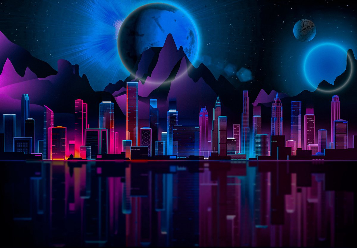 Vliesbehang Skyline Neon XXL – fotobehang – Futuristische stad – 368 x 254 cm