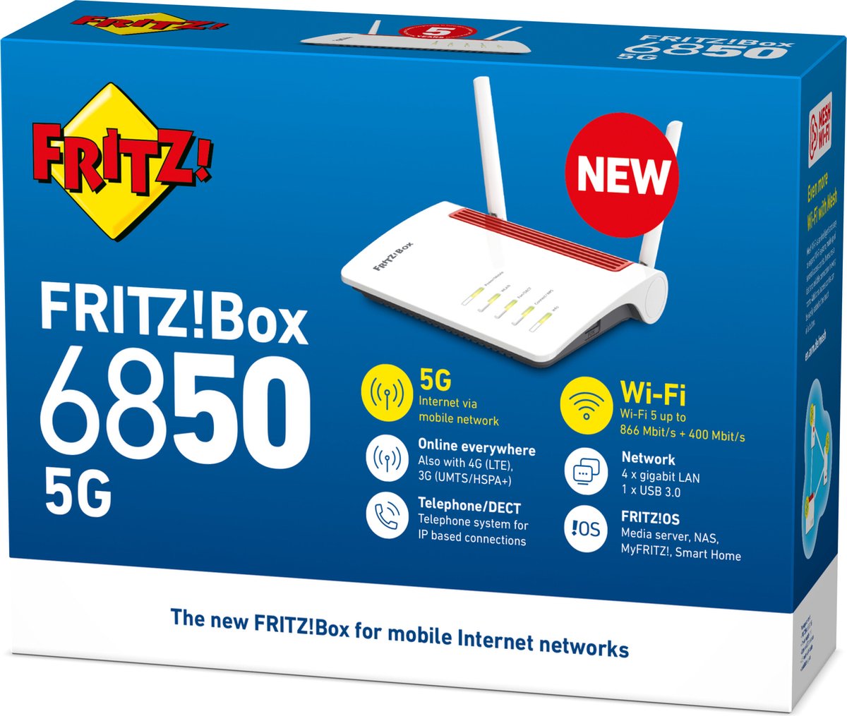 FRITZ!Box 6850 5G - Router - Mesh Master - 3G-4G-5G - Dual-Band - WiFi 5 - 400 - 866 Mbps - Internationaal model – foto 5