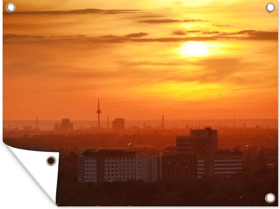 Tuin decoratie De ondergaande zon boven de skyline van het Duitse Mannheim - 40x30 cm - Tuindoek - Buitenposter