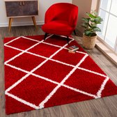 Tapijtenloods Madrid Shaggy Geruit Vloerkleed Rood Creme Hoogpolig - 160x230 CM