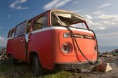 Dibond - Auto - Oldtimer - Volkswagen - V.W. in rood / wit / zwart - 120 x 180 cm.