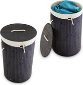 Relaxdays 2x wasmand bamboe - wasbox met deksel - 70 liter - rond - 65 x 41 cm - zwart