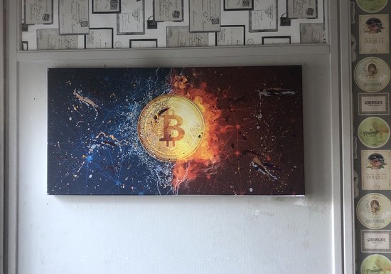 Schilderij “ Bitcoin “- Katoenen canvasdoek op houten-50x100cm,3D-Print+Acrylverf