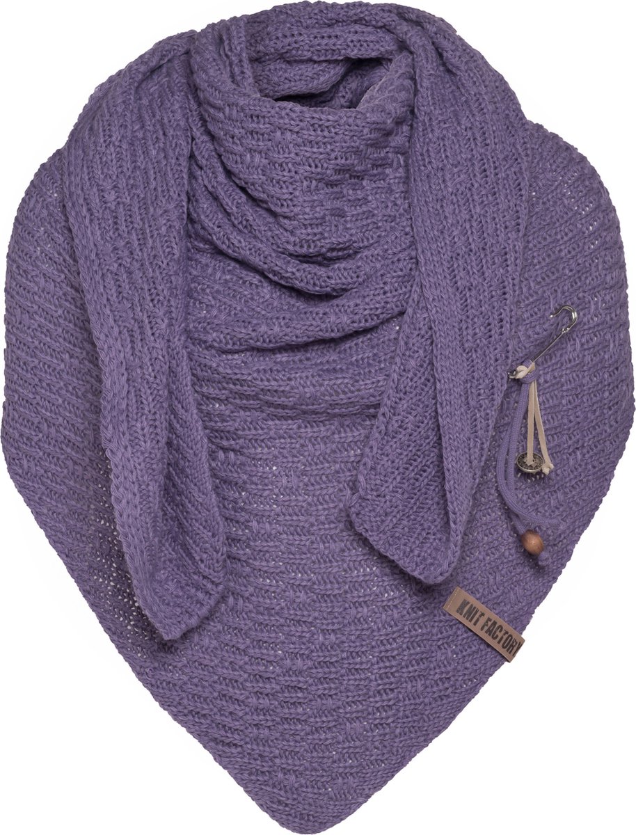 Knit Factory Jaida Gebreide Omslagdoek - Driehoek Sjaal Dames - Dames sjaal - Wintersjaal - Stola - Wollen sjaal - Paarse sjaal - Violet - 190x85 cm - Inclusief siersluiting