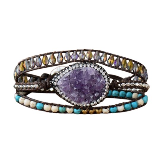 Marama - wikkelarmband Purple Amethist - leer - edelsteen - dames armband - 56 cm - cadeautje voor haar