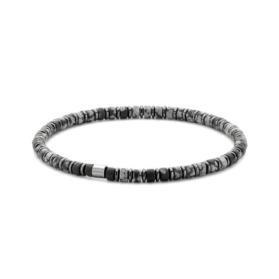 Herenarmband met grijs gevlekte kralen en cilindervormige zwarte kralen.