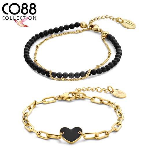 CO88 Collection 8CO-SET107 Stalen Sieraden Set - Dames - 2 Armbanden -16,5 + 3 cm - Zwart Agaat - Hartje - Emaille - Staal - Goudkleurig