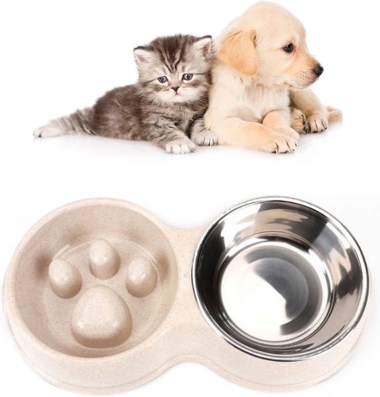 Anti-schrok dierenvoerbak - Hondenvoerbak - 14 CM Breedte Drinkbak en Voerbak - Voerbak - Slow feeder - Dubbele voerbak voor honden en katten - Voor rustiger en gezonder eten - Wit