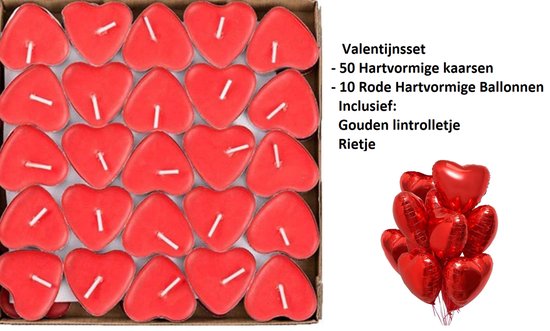 Valentijn Set - 50 Kaarsjes & 10 Rode Ballonnen incl Gouden lintrolletje - Valentijn - Moederdag - Hart onder de riem