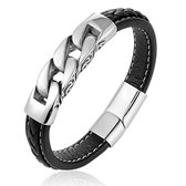 Geshe-Heren leren tarwe oren armband met stalen retro ringen patroon heritage-Zwart Leer en Roestvrij Staal-20cm-mannen cadeau