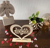 Houten hart met namen - 17 cm hoog - met standaard - Valentijnsdag - Geliefden - Verliefd - Samen