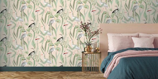 DUTCH WALLCOVERINGS Behang Flamingo crème- en mintkleurig