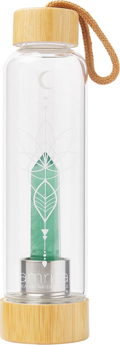 Harmony Crystal® - Duurzame glazen waterfles met kristal - Groene Fluorite - Bamboe - 500 ml Drinkfles Edelsteen